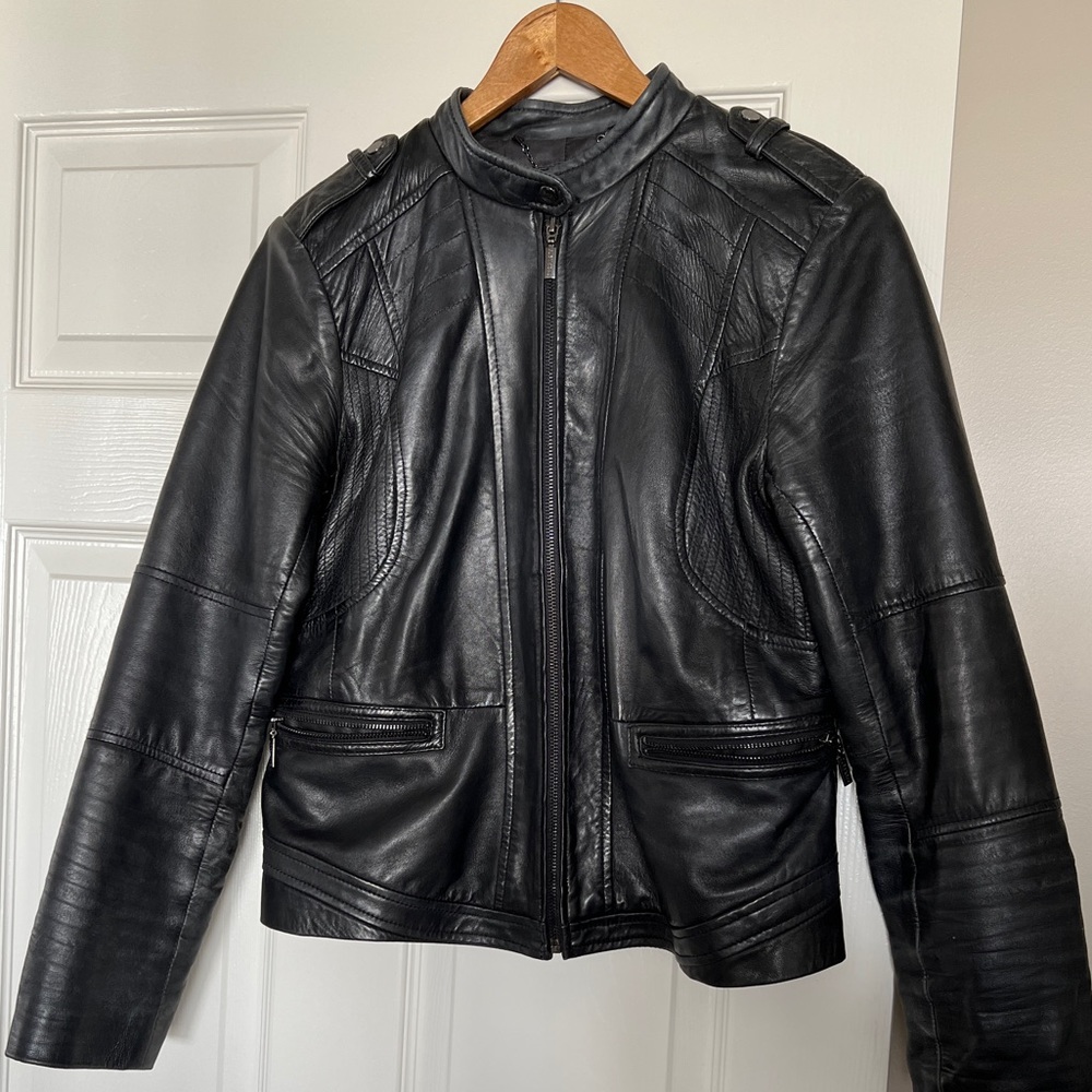 Exceptionally soft, high quality leather motorcycle jacket with mandarin collar